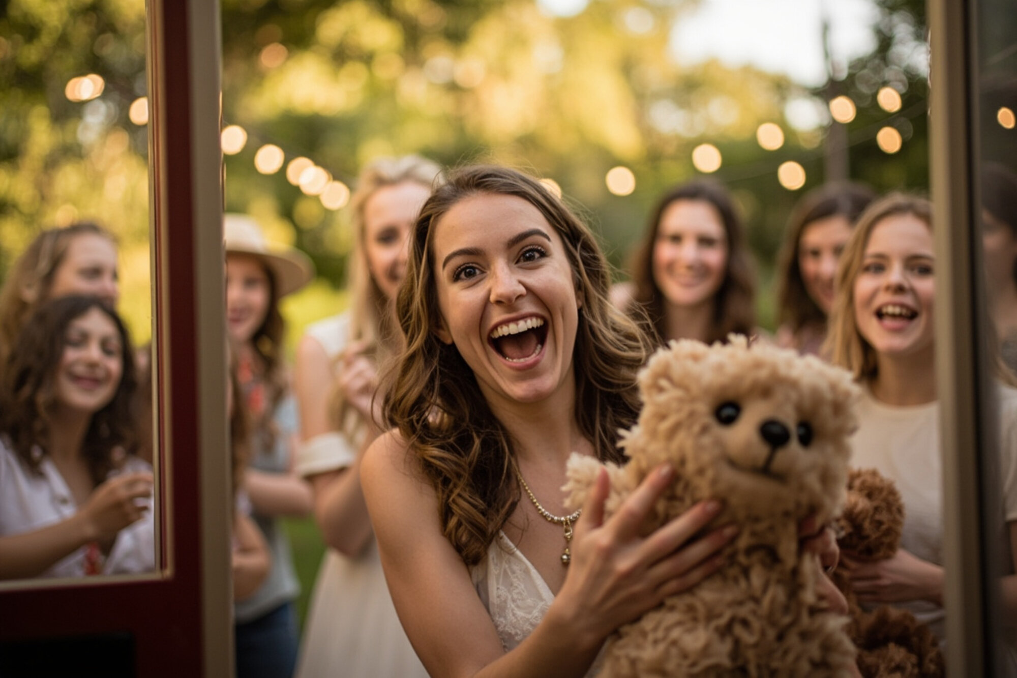Delighted bride holding a plush prize she won at the claw machine